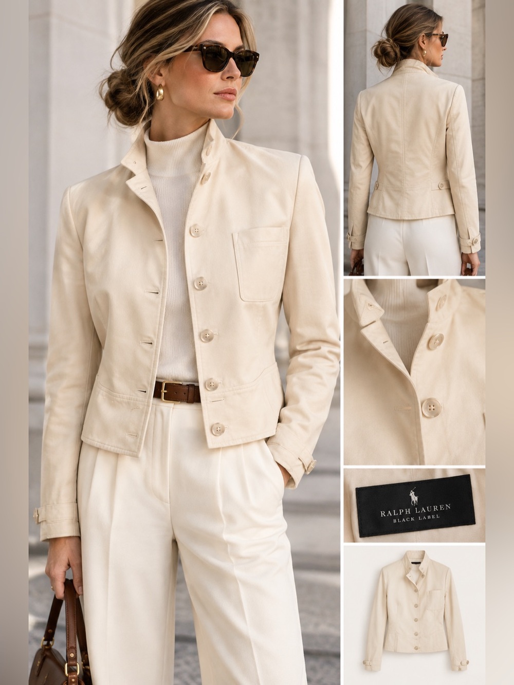 Ralph Lauren Black Label Cream Leather Mandarin Collar Moto Jacket Quiet Luxury